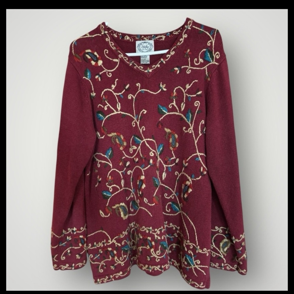 Vintage Stitches In Time V-Neck Burgundy Floral Embroidered Sweater Women’s L